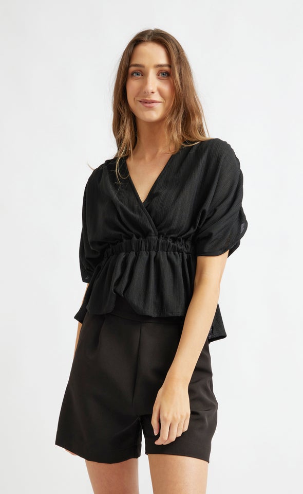 Textured Knit Peplum Draped Top Black