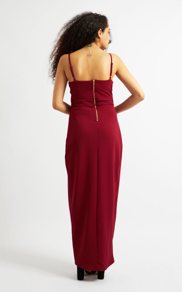 Textured Knit Pleated Gown Maroon