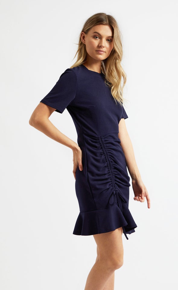 Textured Knit Ruched Detail Dress Navy