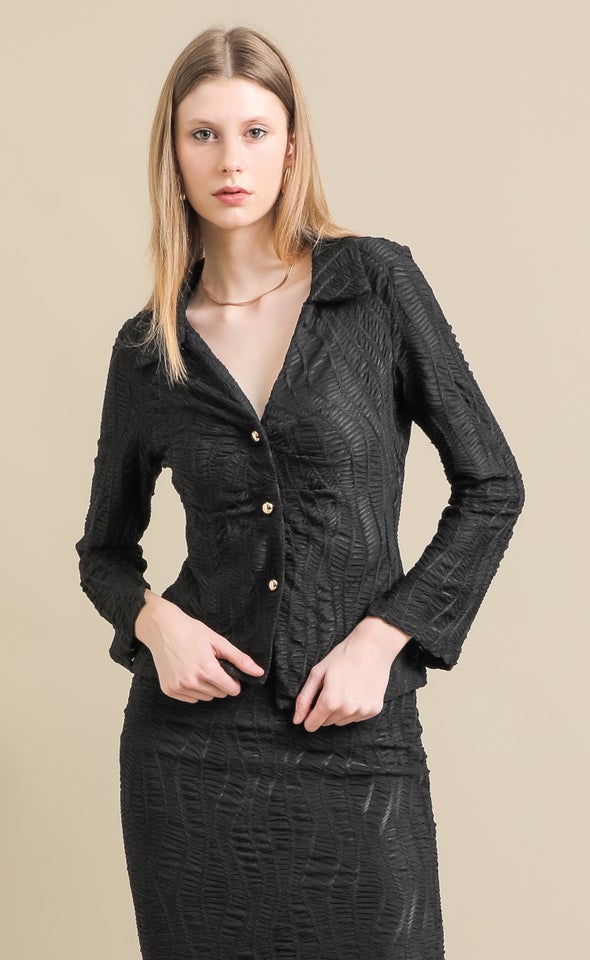 Textured Knit Split Detail Shirt Black