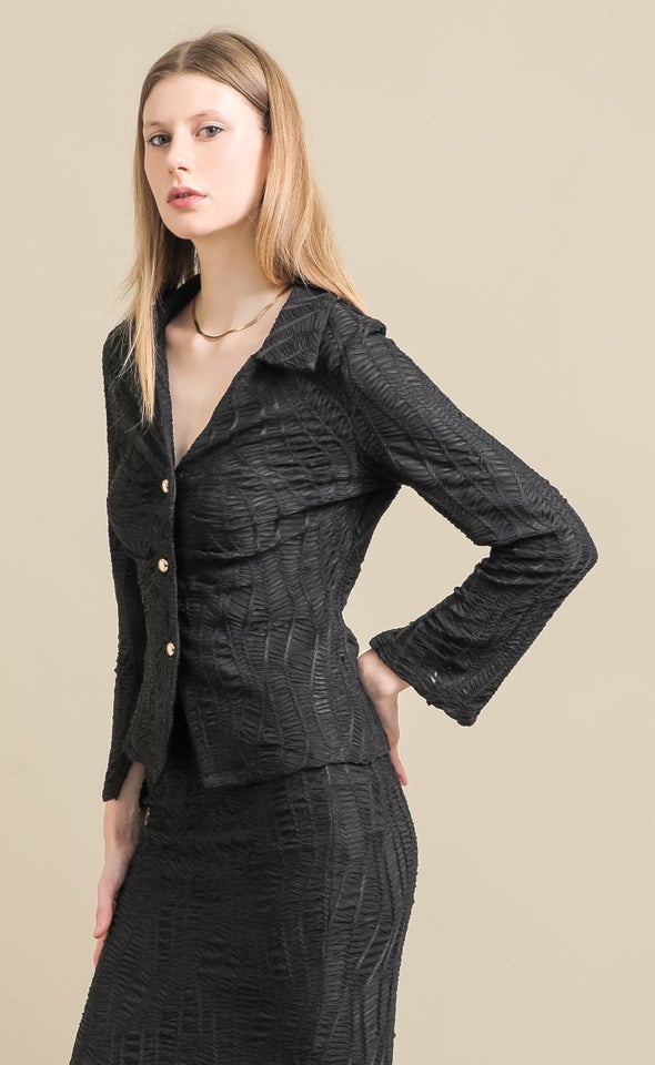 Textured Knit Split Detail Shirt Black