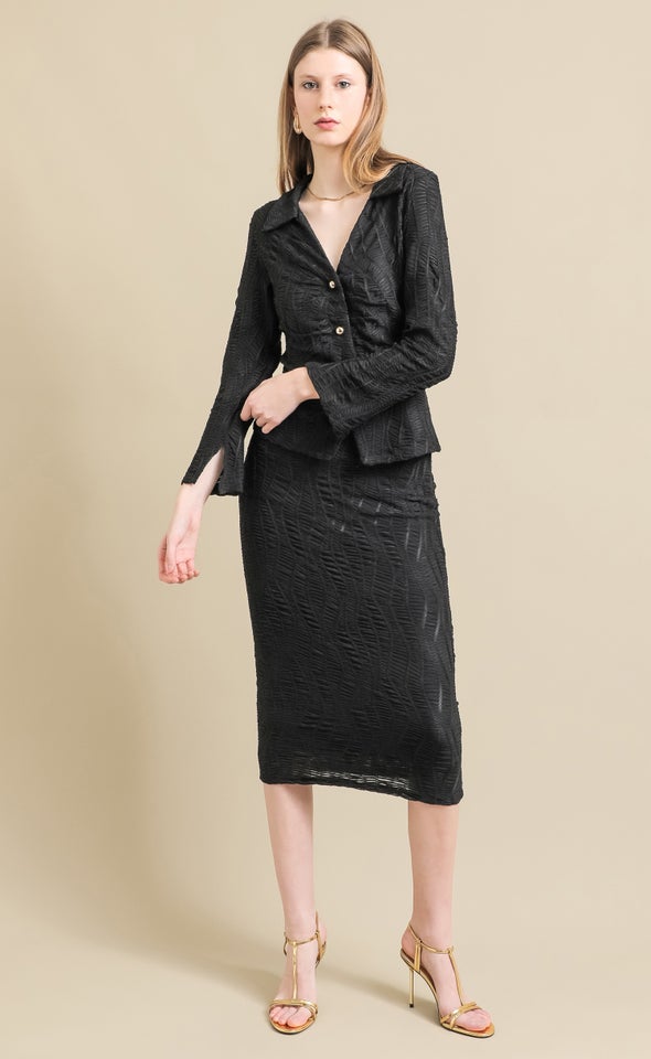 Textured Knit Split Detail Shirt Black