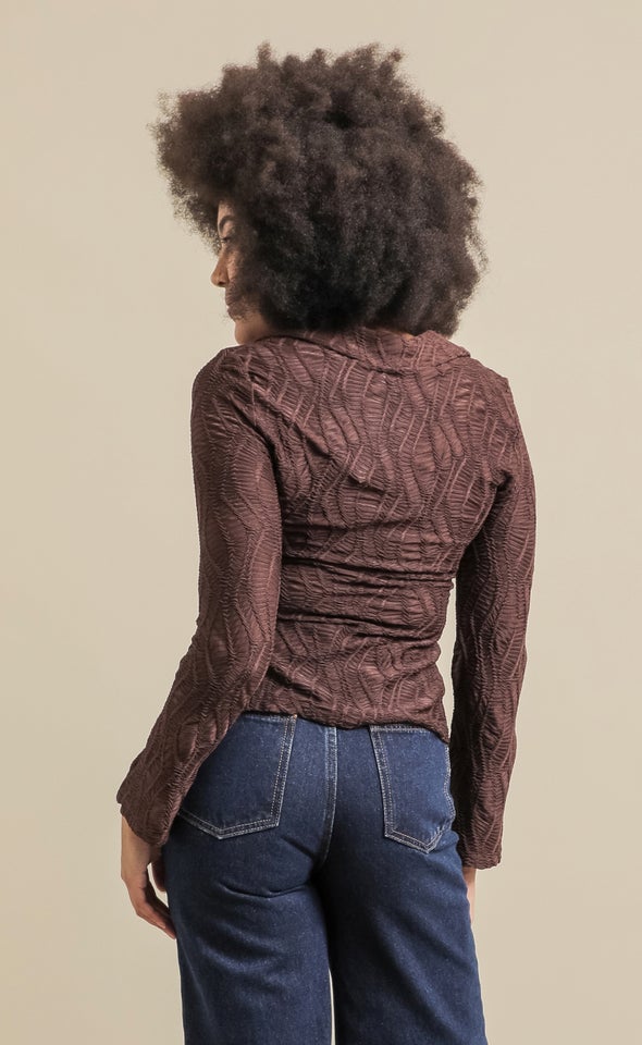 Textured Knit Split Detail Shirt Chocolate