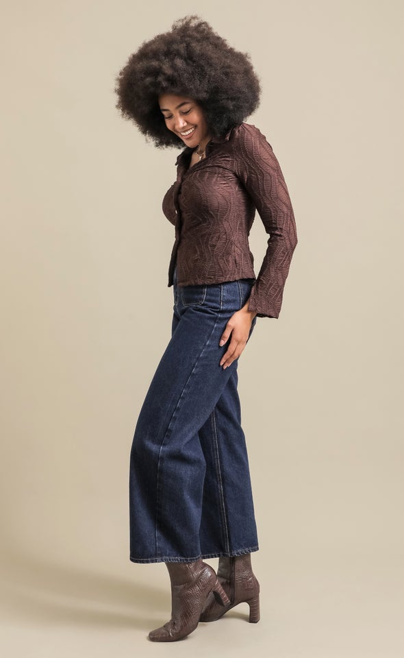 Textured Knit Split Detail Shirt Chocolate