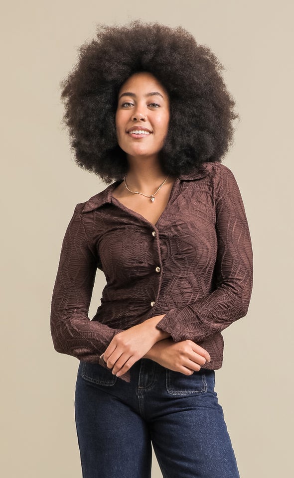 Textured Knit Split Detail Shirt Chocolate