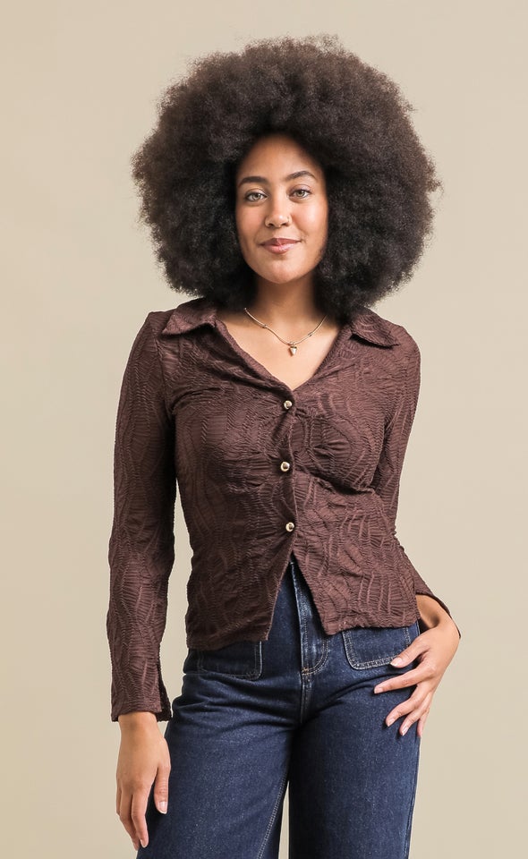 Textured Knit Split Detail Shirt Chocolate