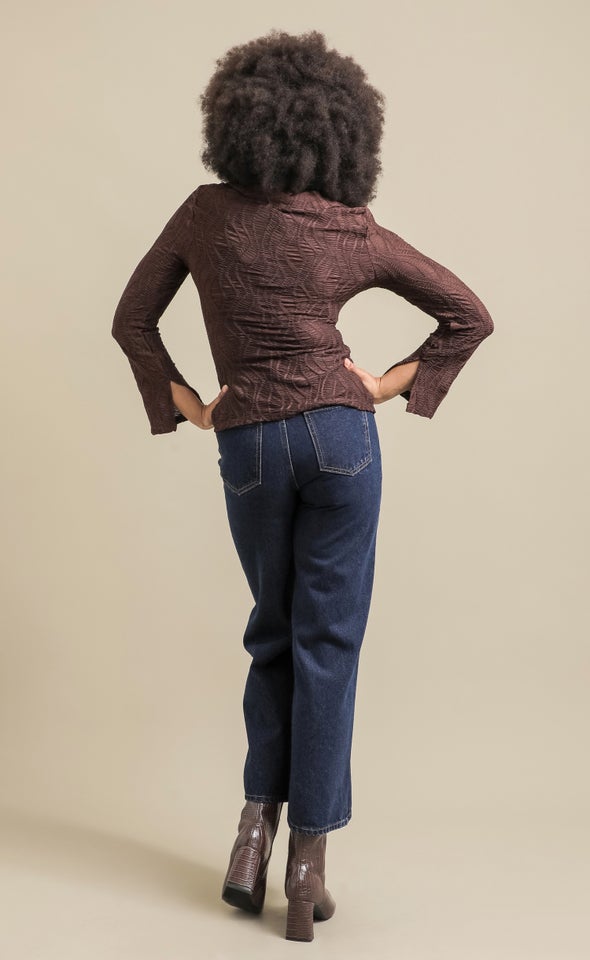 Textured Knit Split Detail Shirt Chocolate