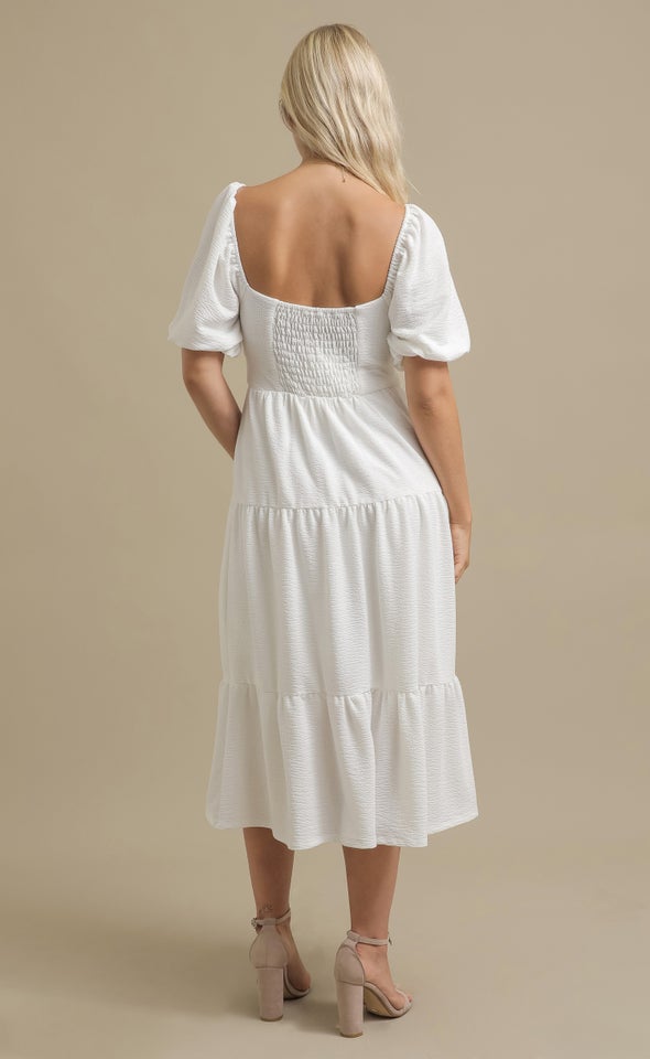 Textured Knit Tier Midi Dress White