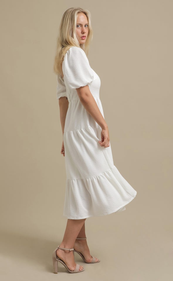 Textured Knit Tier Midi Dress White