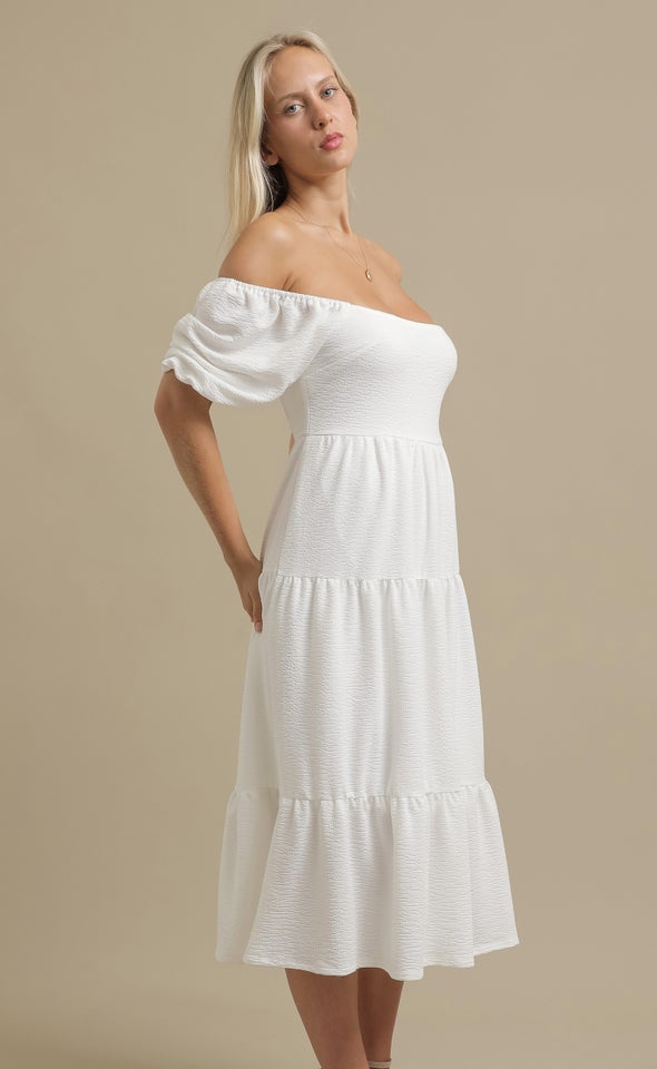 Textured Knit Tier Midi Dress White