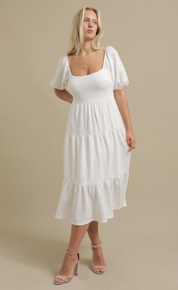 Textured Knit Tier Midi Dress White