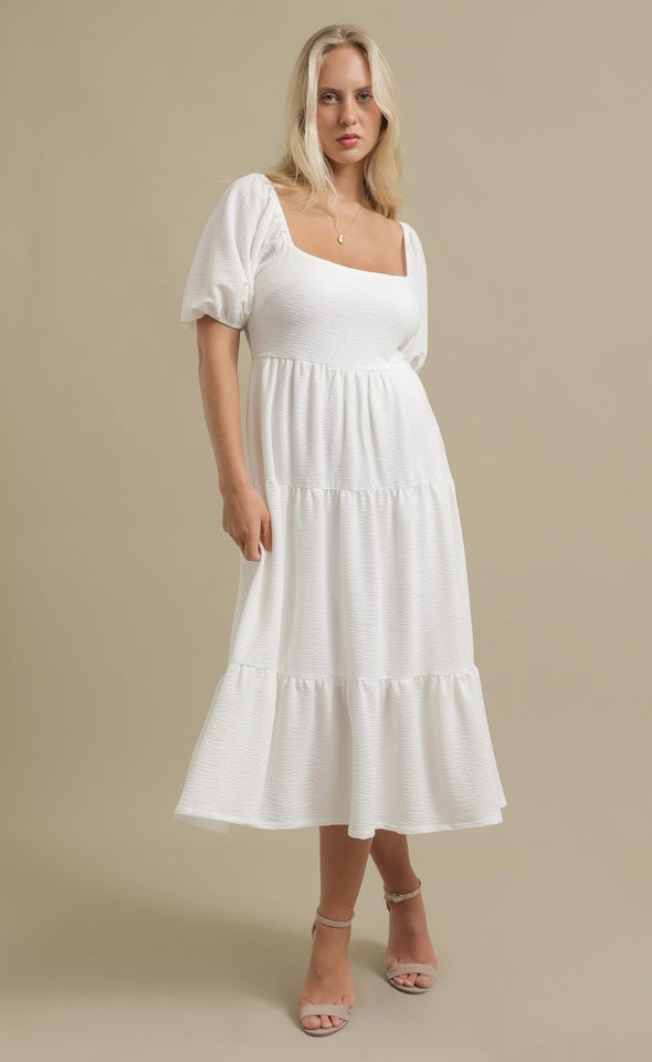 Textured Knit Tier Midi Dress White