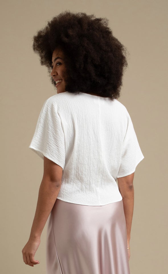 Textured Knot Hem Batwing Top White