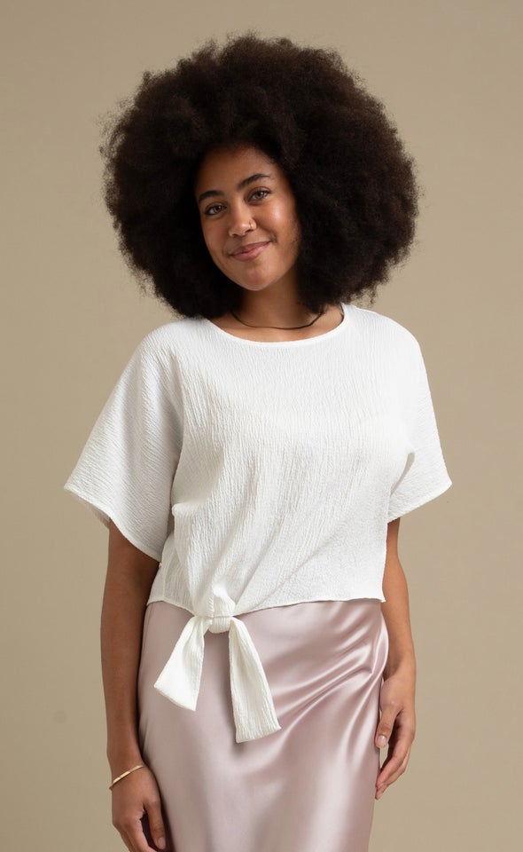 Textured Knot Hem Batwing Top White