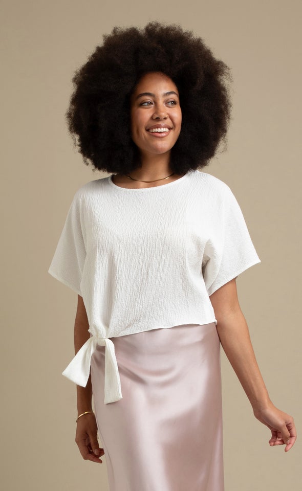 Textured Knot Hem Batwing Top White