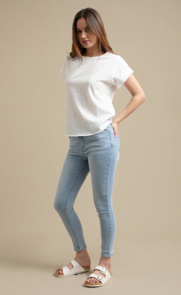 Textured Poplin Cuff Sleeve Top White