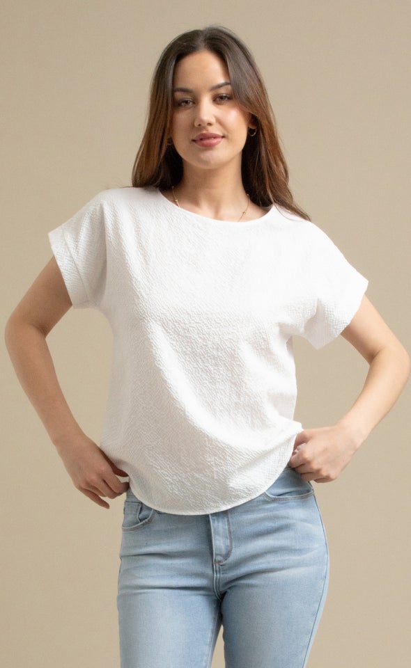 Textured Poplin Cuff Sleeve Top White