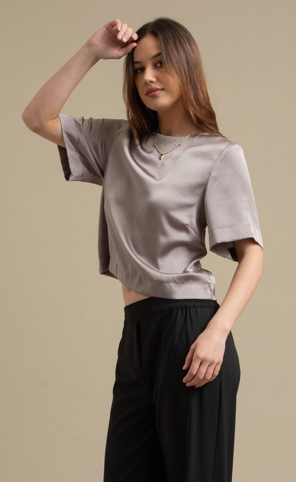 Textured Satin V Back Top Bronze