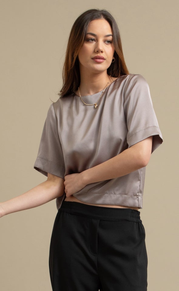 Textured Satin V Back Top Bronze