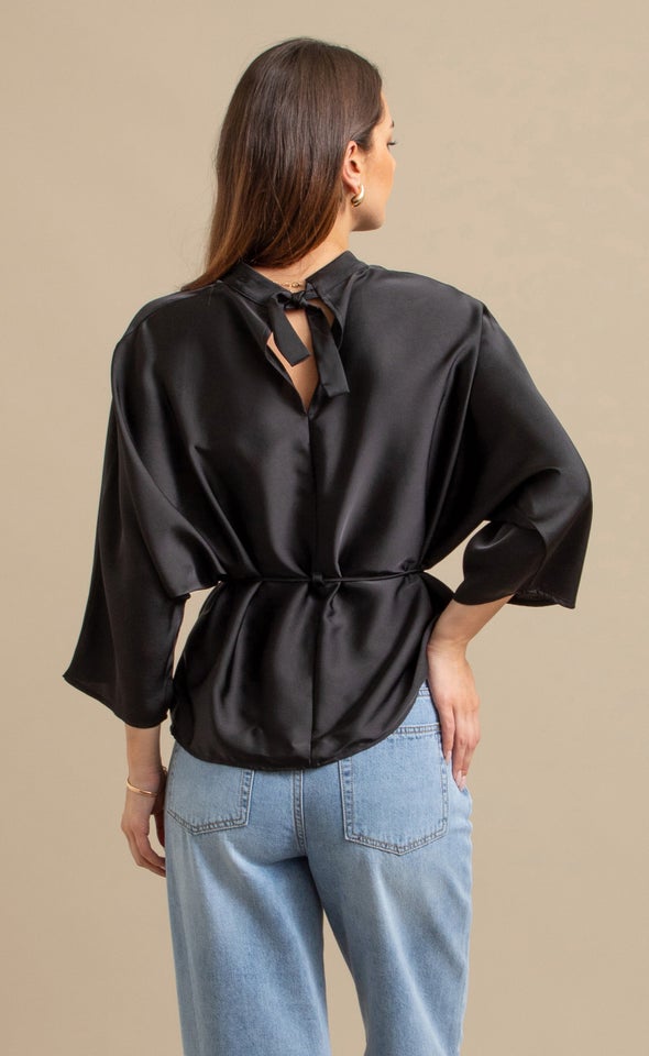 Textured Satin Waist Tie Top Black
