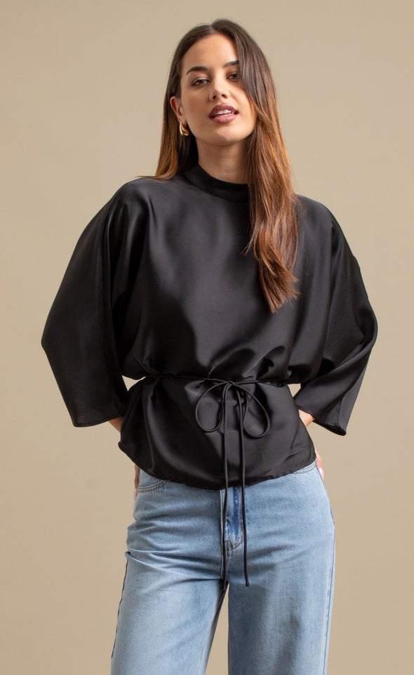Textured Satin Waist Tie Top Black