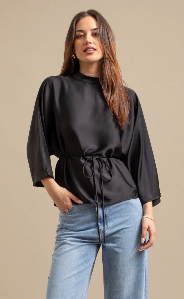Textured Satin Waist Tie Top Black