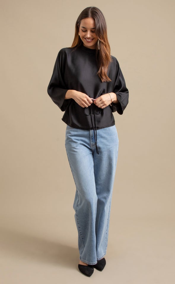 Textured Satin Waist Tie Top Black