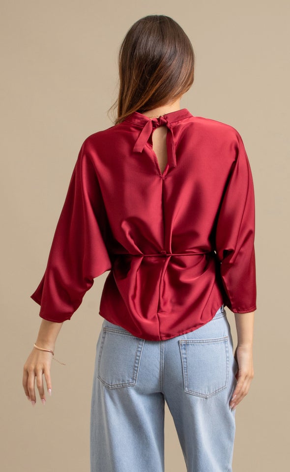 Textured Satin Waist Tie Top Merlot