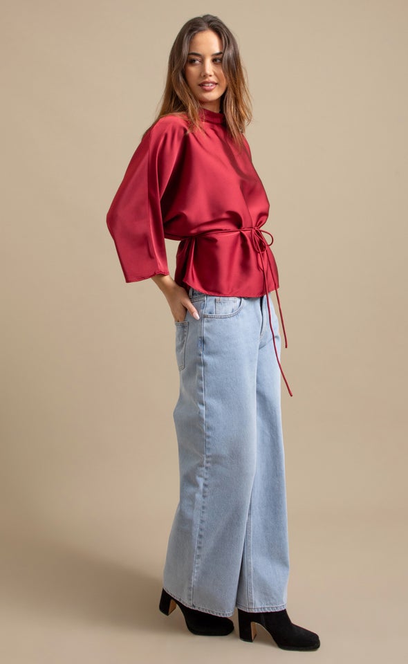 Textured Satin Waist Tie Top Merlot