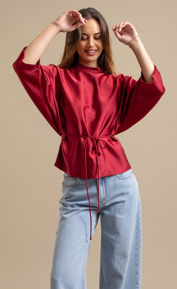 Textured Satin Waist Tie Top Merlot