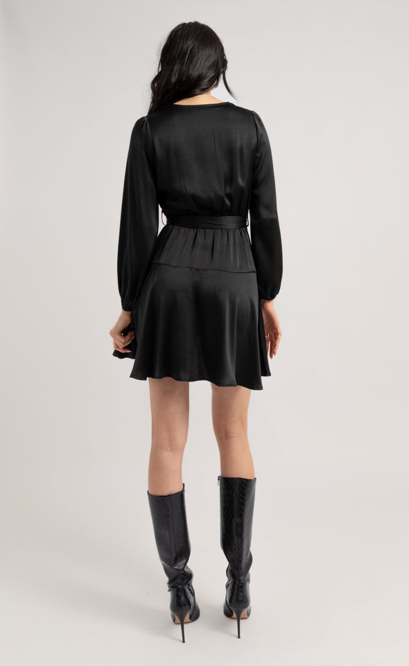 Textured Satin Wrap Front LS Dress Black