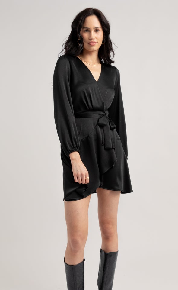 Textured Satin Wrap Front LS Dress Black