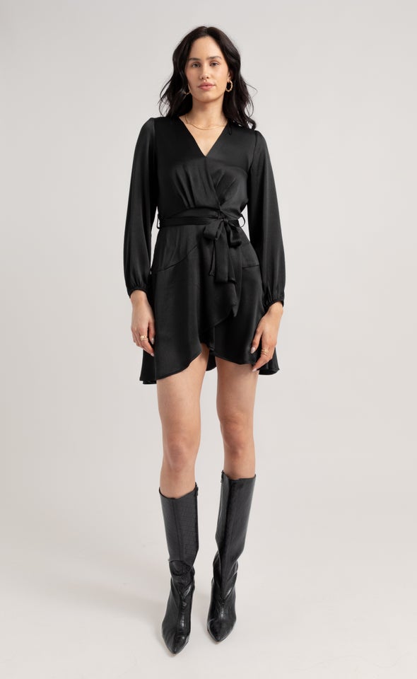 Textured Satin Wrap Front LS Dress Black