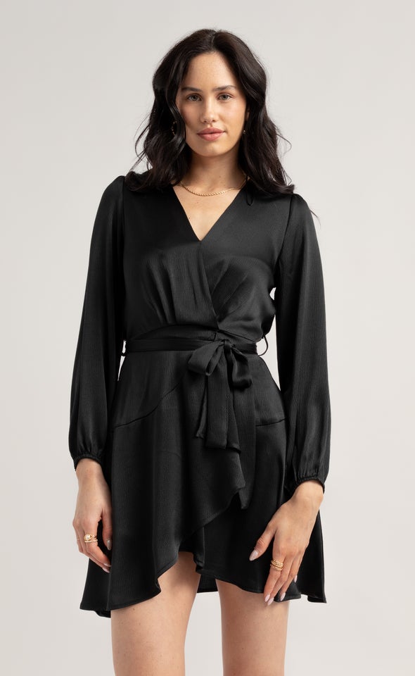 Textured Satin Wrap Front LS Dress Black