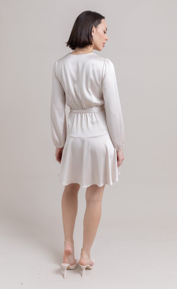 Textured Satin Wrap Front LS Dress Champagne