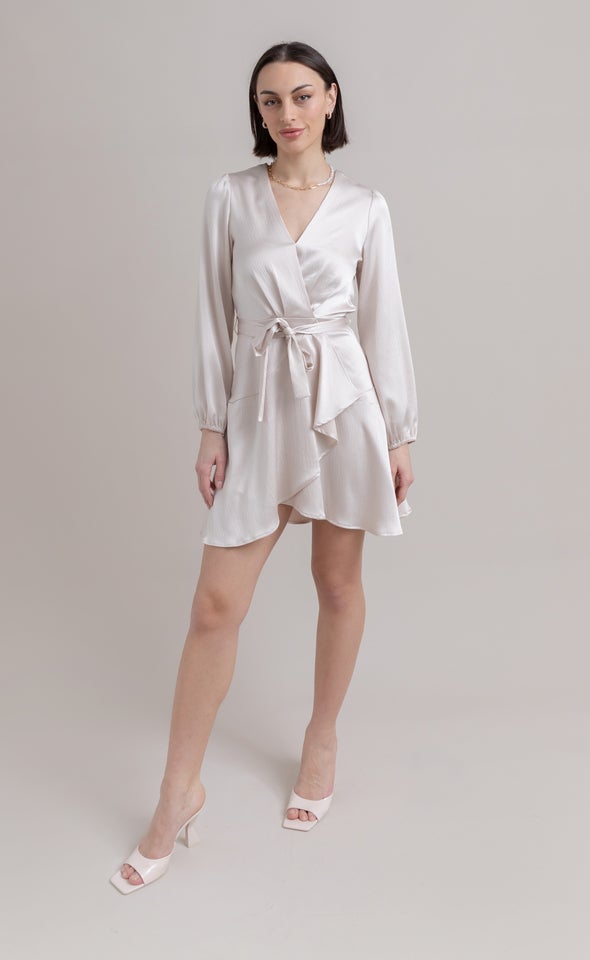 Textured Satin Wrap Front LS Dress Champagne