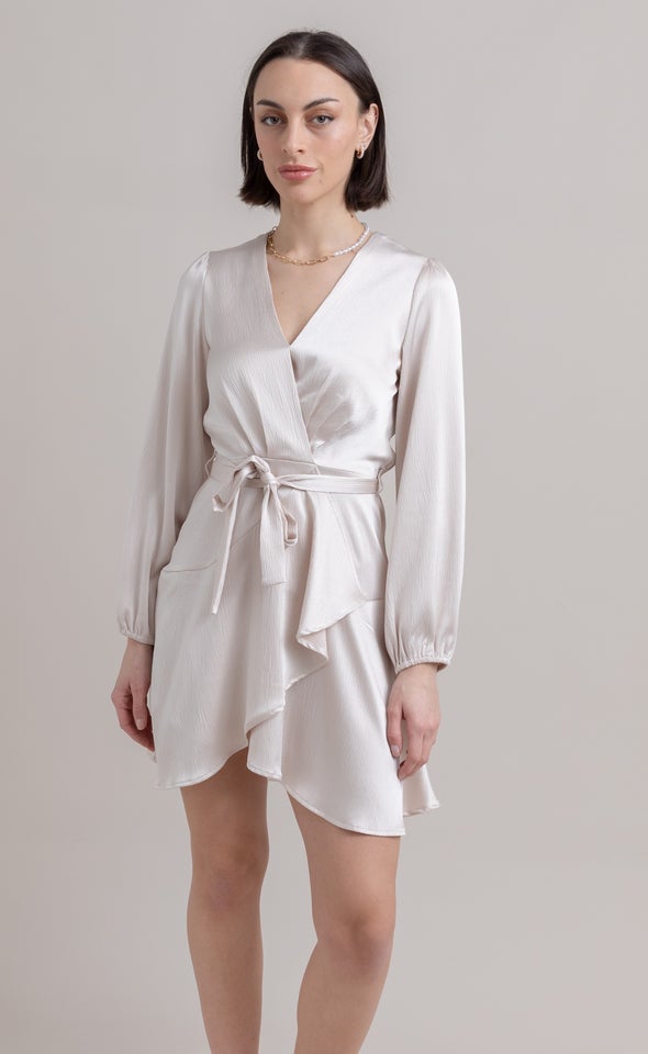 Textured Satin Wrap Front LS Dress Champagne