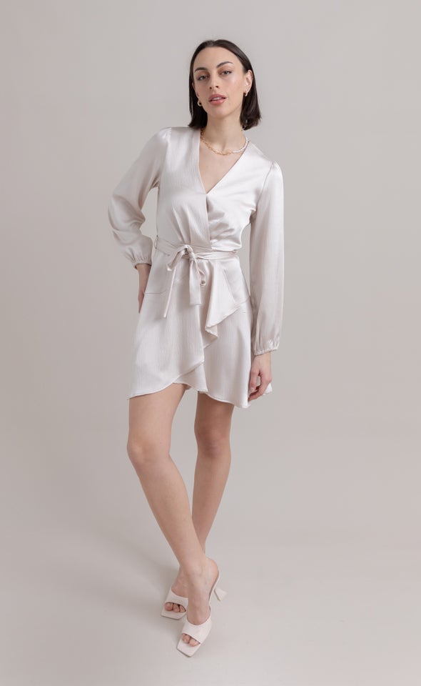 Textured Satin Wrap Front LS Dress Champagne