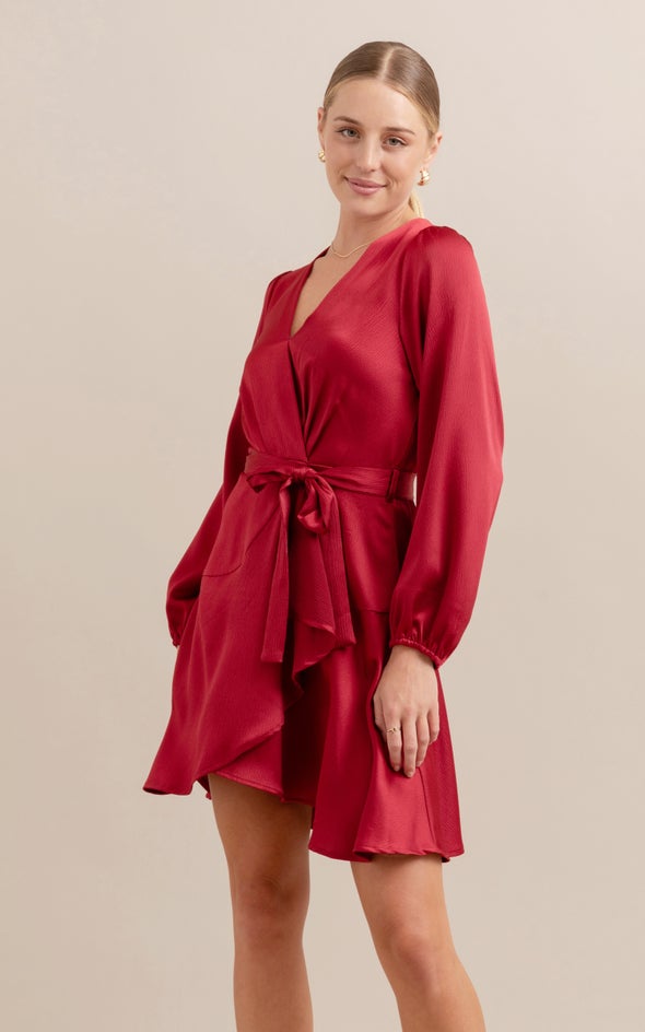 Textured Satin Wrap Front LS Dress Red Wine
