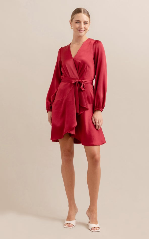Textured Satin Wrap Front LS Dress Red Wine