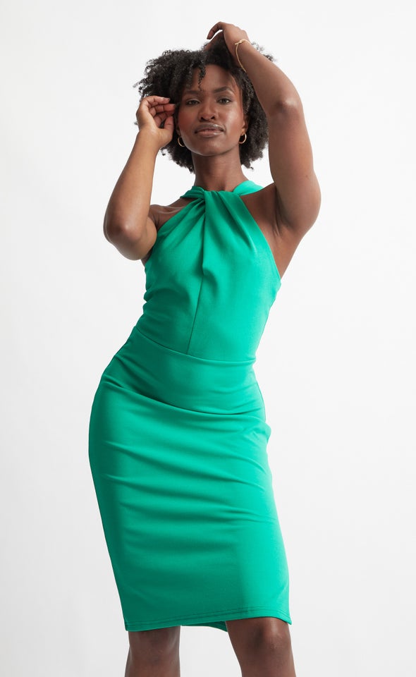 Textured Scuba Halter Pencil Dress Green