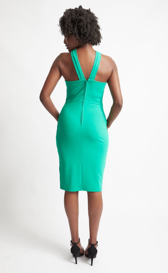 Textured Scuba Halter Pencil Dress Green