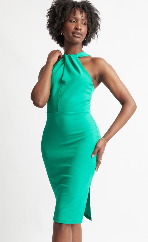Textured Scuba Halter Pencil Dress Green