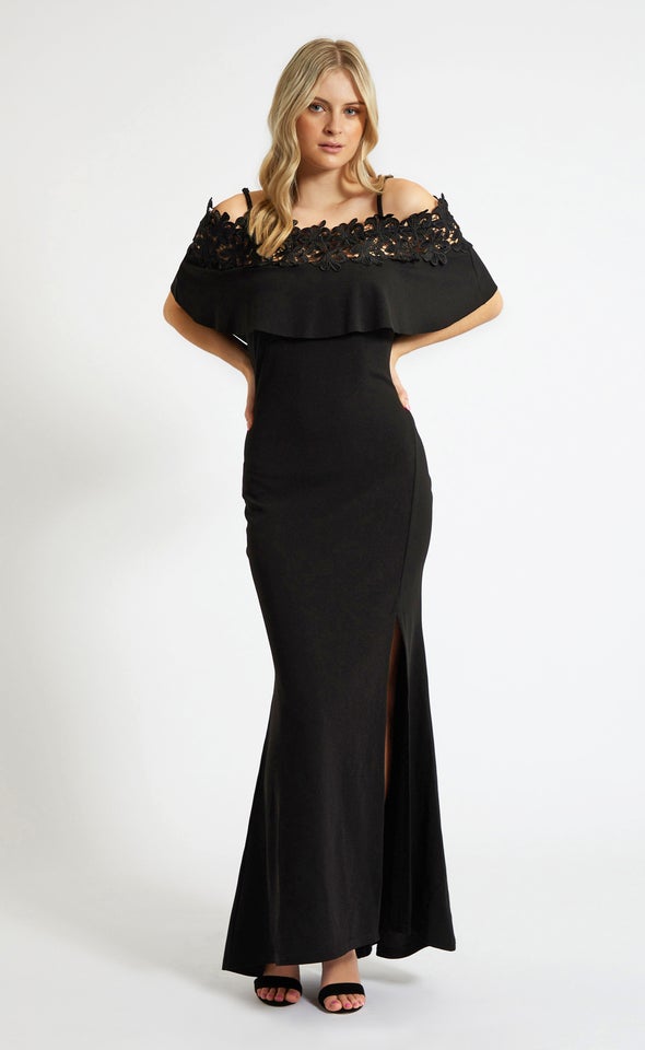 Textured Scuba Lace Trim Gown Black
