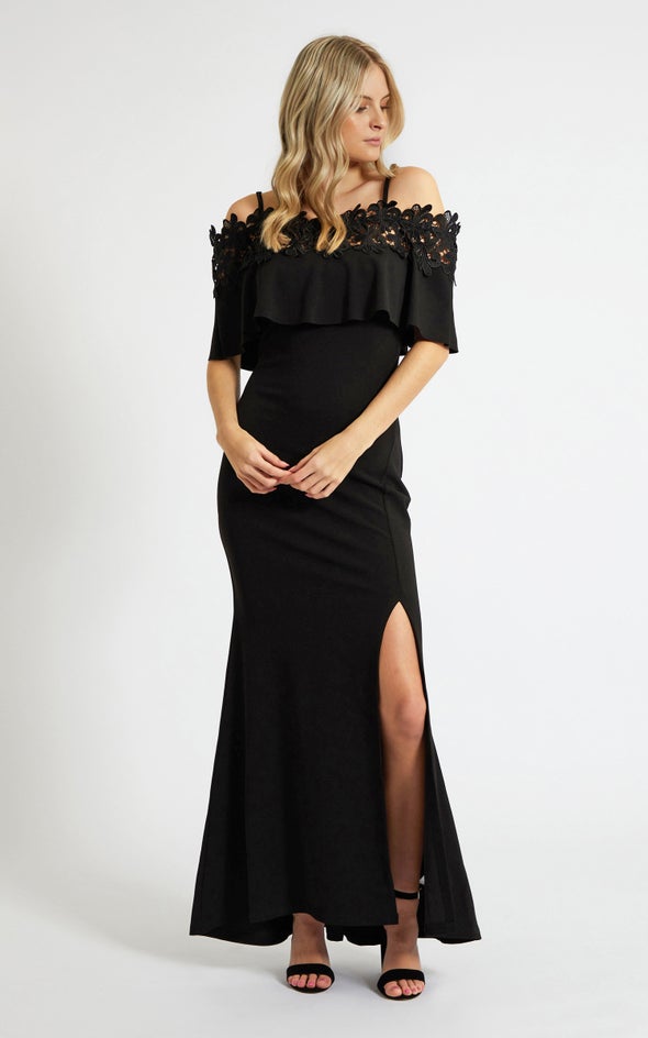 Textured Scuba Lace Trim Gown Black