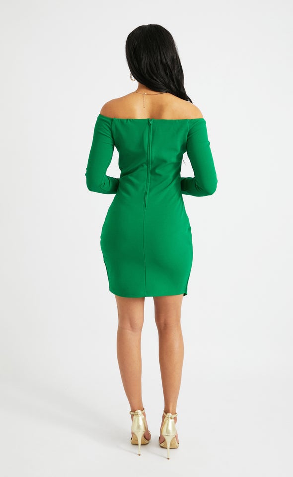 Textured Scuba Off Shoulder Dress Green