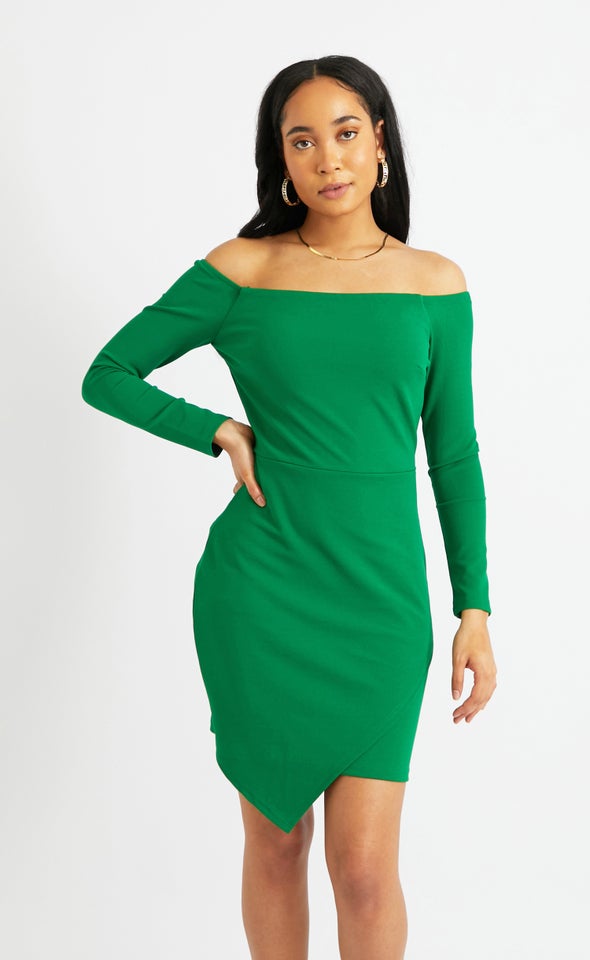 Textured Scuba Off Shoulder Dress Green