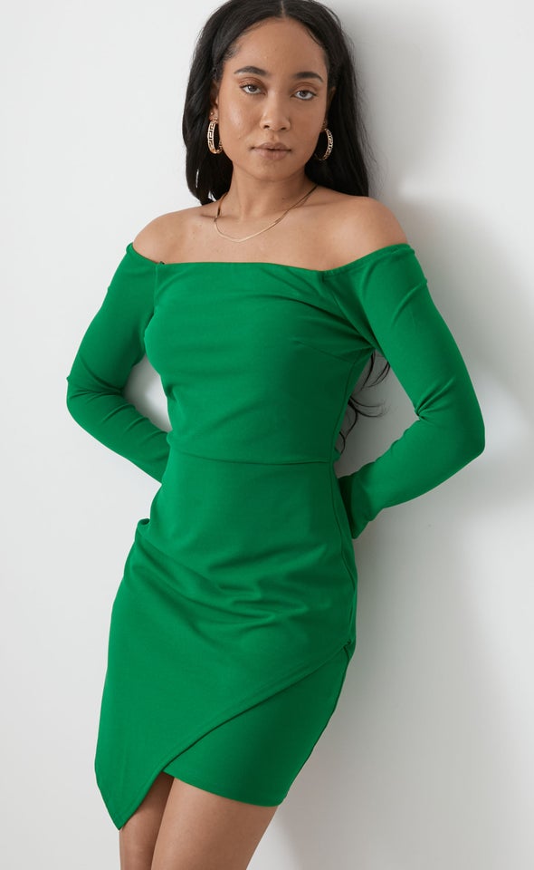 Textured Scuba Off Shoulder Dress Green