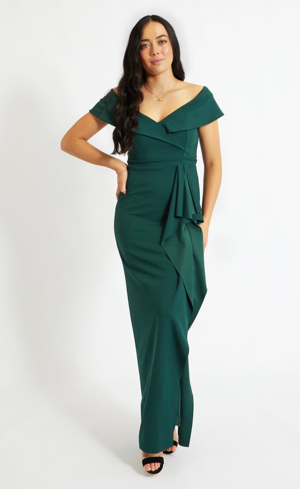Textured Scuba Off Shoulder Ruffle Gown Pagani