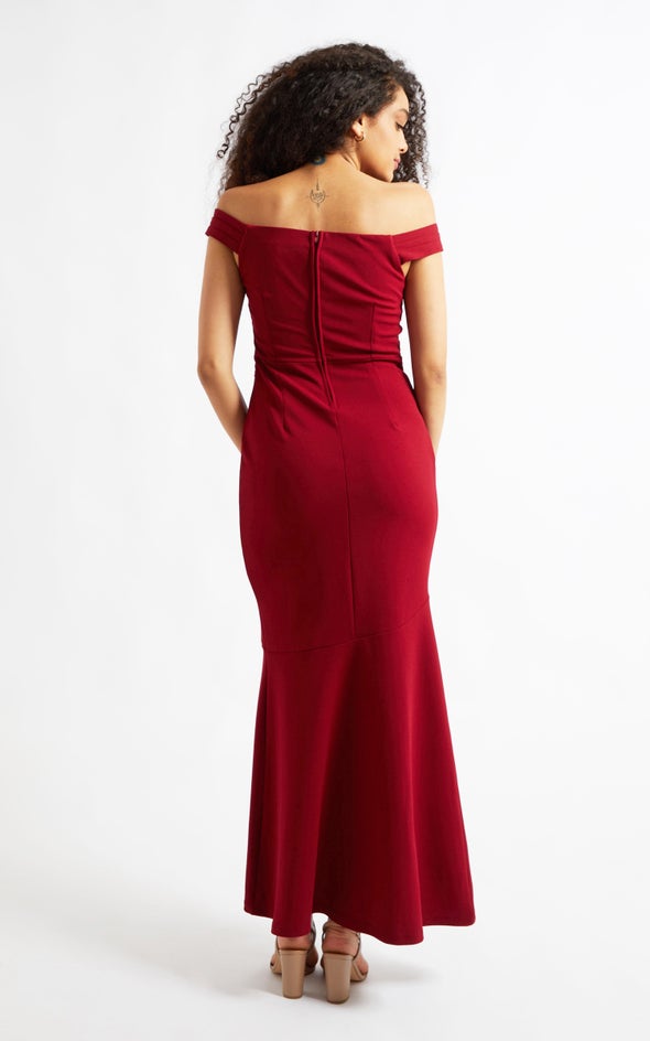 Textured Scuba Off Shoulder Ruffle Gown Red Wine